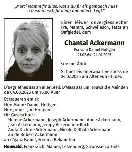 Traueranzeige für Chantal Ackermann