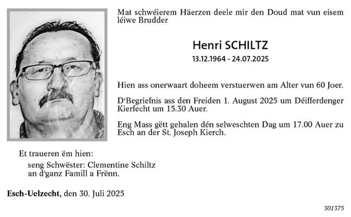 Traueranzeige für Henri Schiltz