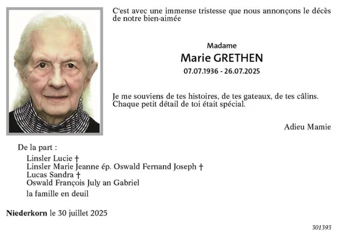 Traueranzeige für Marie Grethen