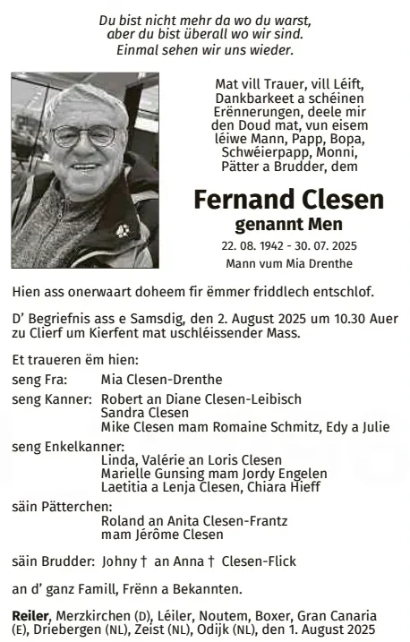 Traueranzeige für Fernand Clesen