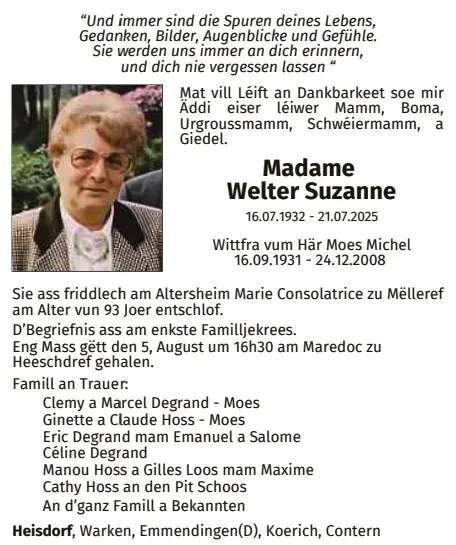 Traueranzeige für Suzanne Welter
