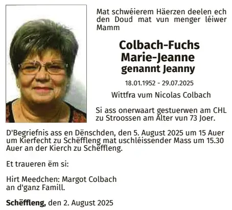 Traueranzeige für Marie-Jeanne Colbach -Fuchs