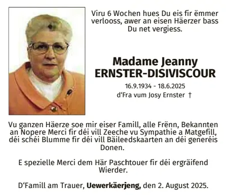 Traueranzeige für Jeanny Ernster-Disiviscour