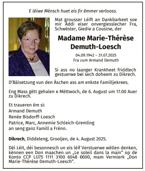 Traueranzeige für Marie-Thérèse Demuth-Loesch