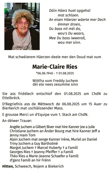 Traueranzeige für Marie-Claire Ries