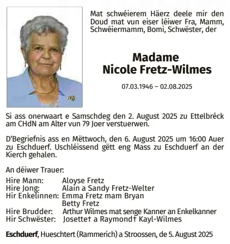 Traueranzeige für Nicole Fretz-Wilmes
