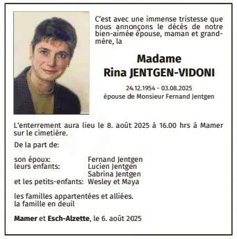 Traueranzeige für Rina Jentgen-Vidoni