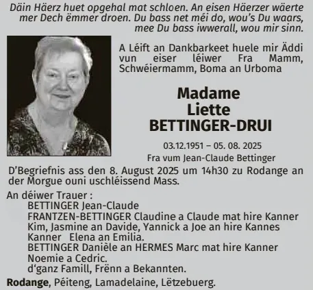 Traueranzeige für Liette Bettinger-Drui