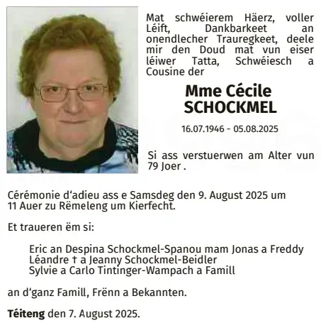 Traueranzeige für Cécile Schockmel