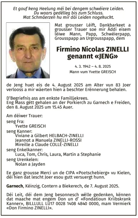 Traueranzeige für Firmino Nicolas Zinelli