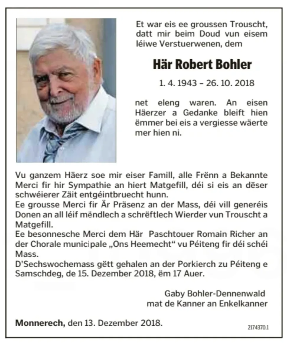Traueranzeige für Robert Bohler