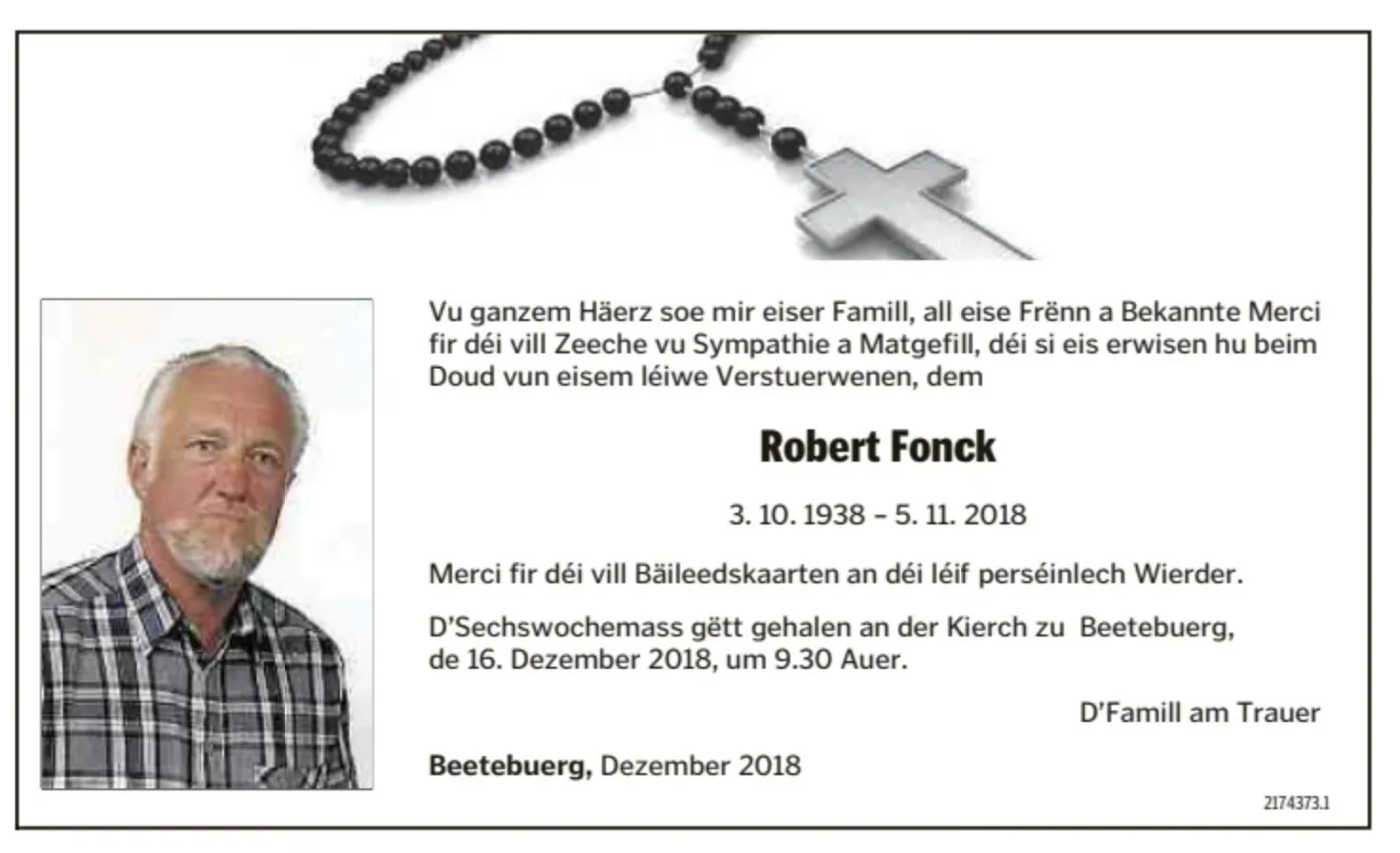 Traueranzeige für Robert Fonck