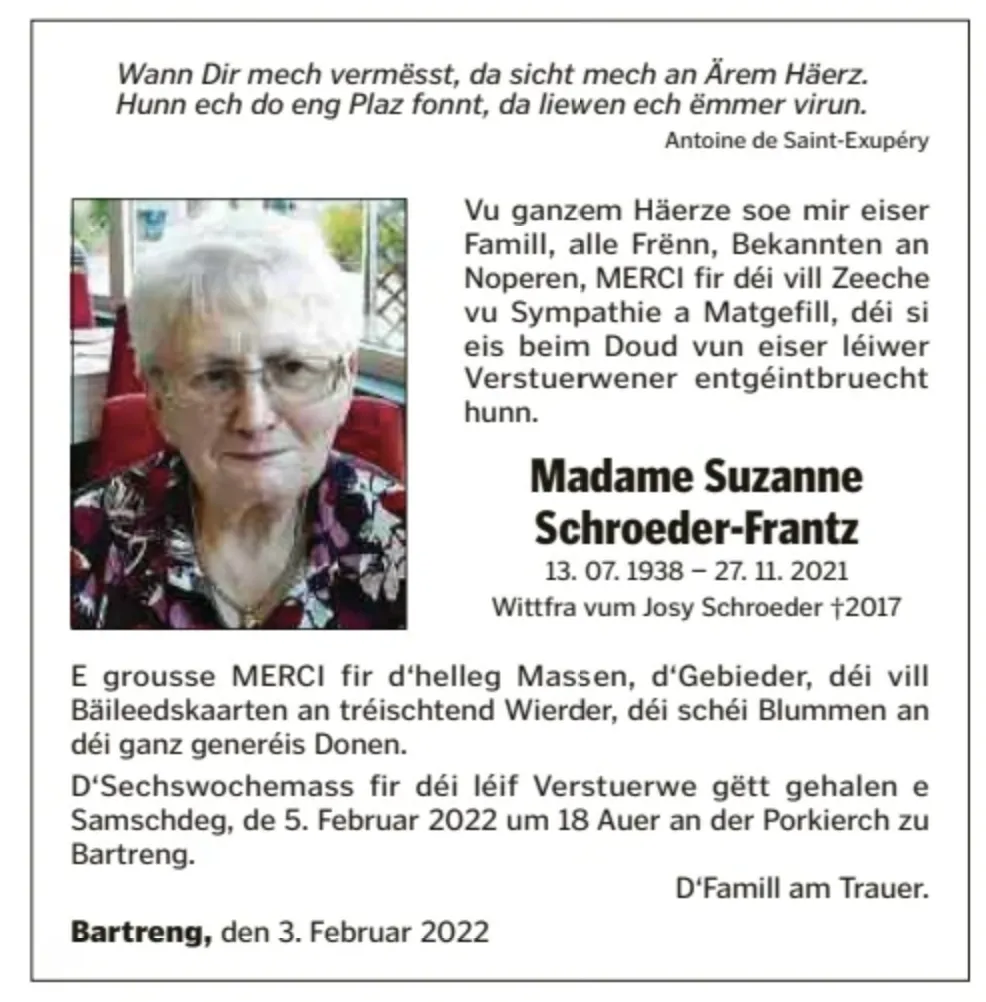 Traueranzeige für Suzanne Schroeder-Frantz