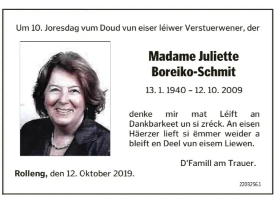 Traueranzeige für Juliette Boreiko-Schmit