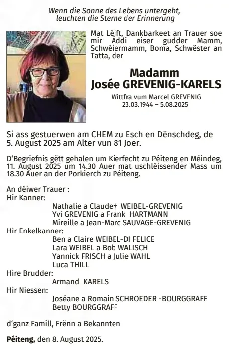 Traueranzeige für Josée Grevenig-Karels