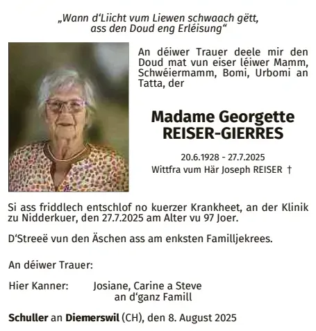 Traueranzeige für Georgette Reiser-Gierres