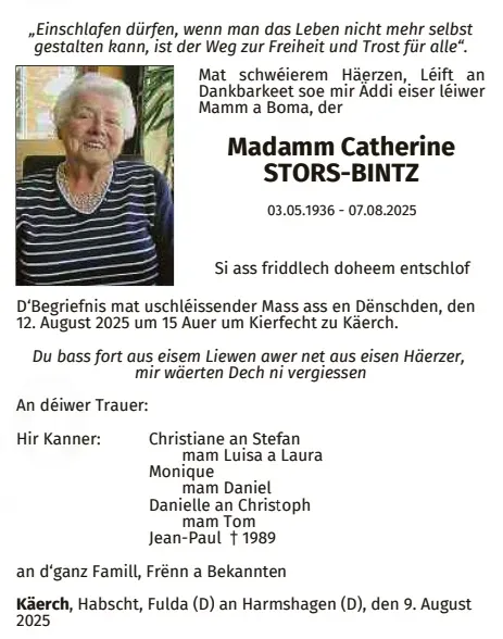 Traueranzeige für Catherine Stors-Bintz