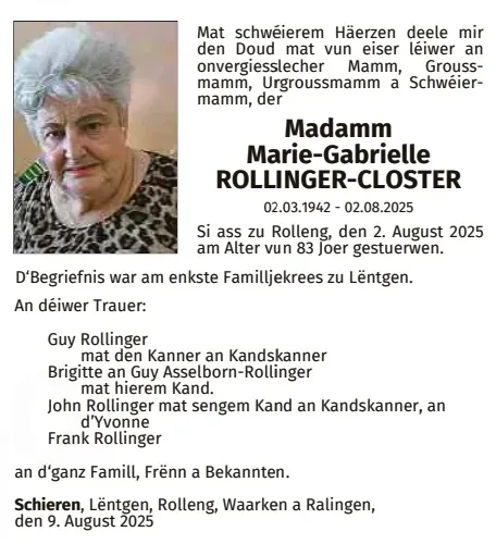 Traueranzeige für Marie-Gabrielle Rollinger-Closter