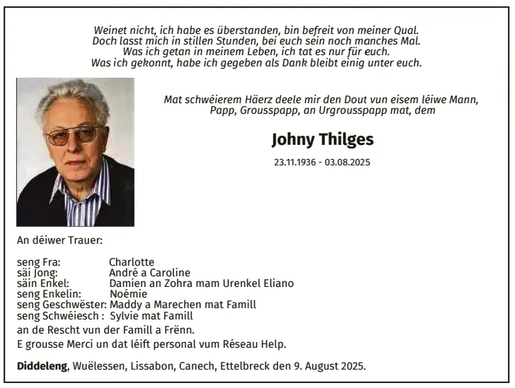 Traueranzeige für Johny Thilges