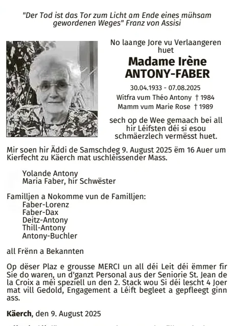 Traueranzeige für Irène Antony-Faber