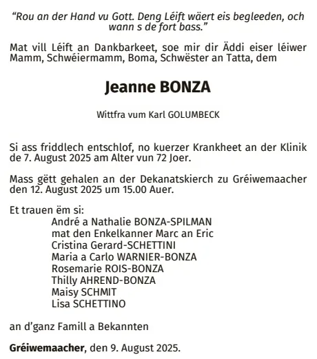 Traueranzeige für Jeanne Bonza