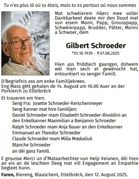 Traueranzeige für Gilbert Schroeder