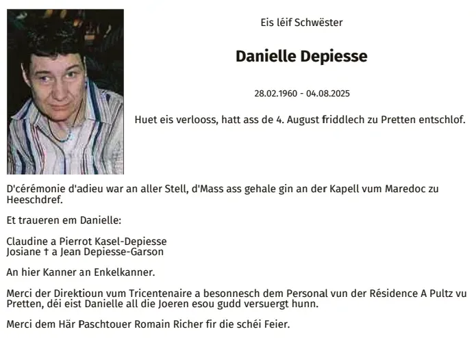 Traueranzeige für Danielle Depiesse