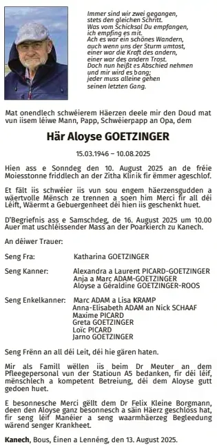 Traueranzeige für Aloyse Goetzinger