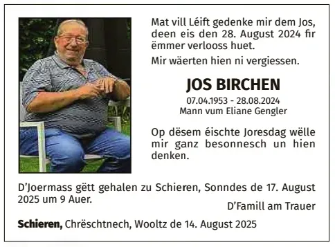 Traueranzeige für Jos Birchen