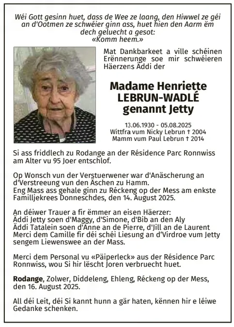 Traueranzeige für Henriette Lebrun-Wadlé