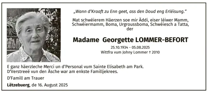 Traueranzeige für Georgette Lommer-Befort