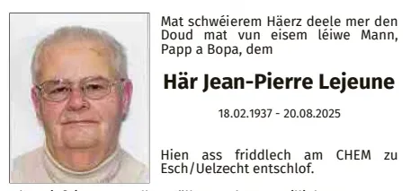 Traueranzeige für Jean-Pierre Lejeune