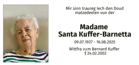 Traueranzeige für Santa Kuffer-Barnetta