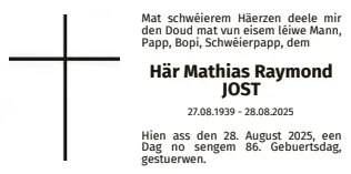 Traueranzeige für Mathias Raymond Jost