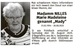 Traueranzeige für Marie Madeleine Nilles