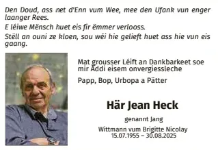 Traueranzeige für Jean Heck