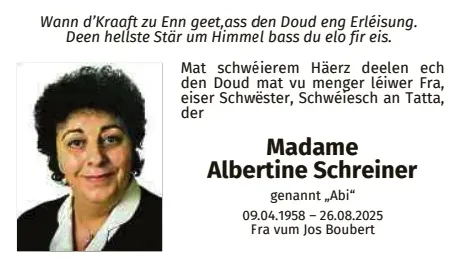 Traueranzeige für Albertine Schreiner