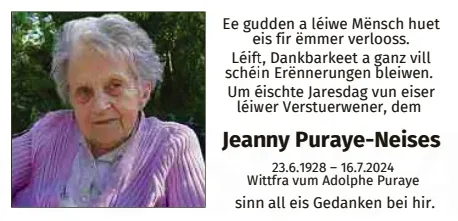 Traueranzeige für Jeanny Puraye-Neises