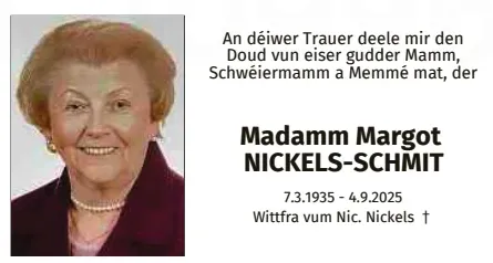 Traueranzeige für Margot Nickels-Schmit