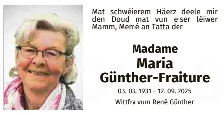 Traueranzeige für MAria Günther-Fraiture