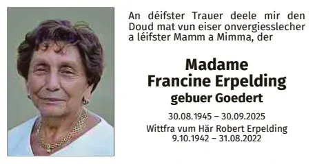 Traueranzeige für Francine Erpelding