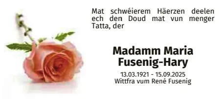 Traueranzeige für Maria Fusenig-Hary