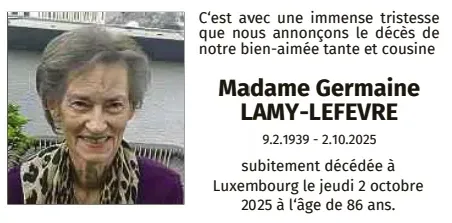 Traueranzeige für Germaine Lamy-Lefevre