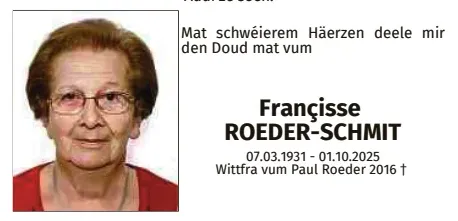 Traueranzeige für Françisse Roeder-Schmit