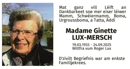 Traueranzeige für Ginette Lux-Mersch