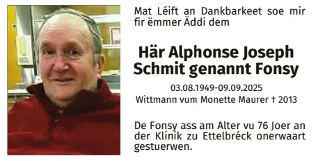 Traueranzeige für Alphonse Joseph Schmit