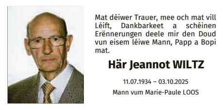 Traueranzeige für Jeannot Wiltz