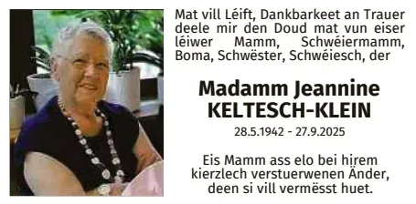 Traueranzeige für Jeannine Keltesch-Klein