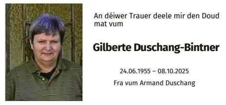 Traueranzeige für Gilberte Duschang-Bintner