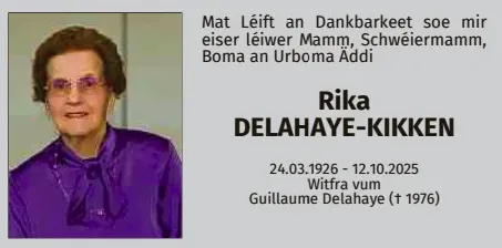 Traueranzeige für Rika Delahaye-Kikken